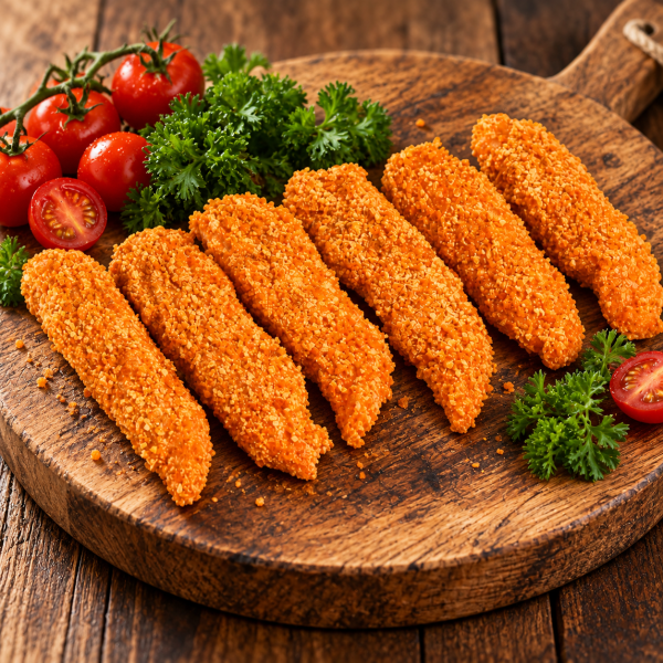 Golden Chicken Tenders with Rustic Garnish Gepaneerde pittige kipfilethaasjes