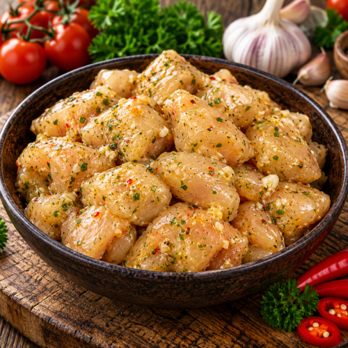 Rustic Herb-Marinated Chicken Bowl Knoflook-gemarineerde kipfiletblokjes